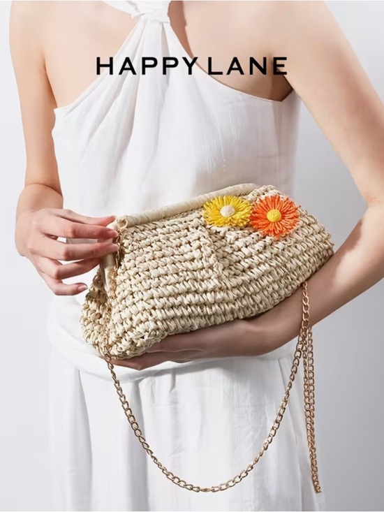 Happy Lane Beige Woven Straw Daisy Flower Clasp Crossbody Bag Gold Chain NWT - Picture 6 of 9